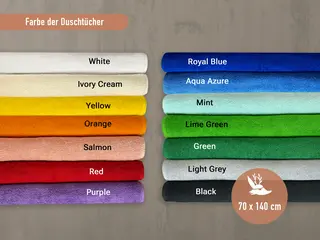 Farbübersicht der Handtücher von HeldenFaden in 12 lebendigen Varianten, darunter Weiß, Gelb, Orange, Grün und Schwarz. Perfekt für individuelle Bestickung.