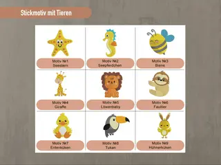 Stickmotiv-Auswahl mit Tieren von HeldenFaden, darunter Seepferdchen, Seestern, Biene, Giraffe und Löwenbaby. Perfekt für personalisierte Designs.