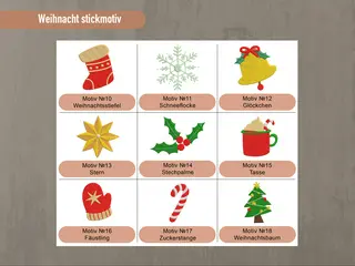 Weitere weihnachtliche Stickmotive von HeldenFaden, darunter Glocke, Schneeflocke, Stern und Zuckerstange. Ideal für kreative Bestickungen.