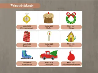 Zusätzliche Weihnachts-Stickmotive von HeldenFaden, darunter Weihnachtskranz, Geschenk, Lebkuchenhaus und Schlitten. Perfekt für individuelle Gestaltungen.