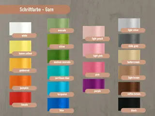 Farbpalette der Garnoptionen für Schriftzug-Bestickung, mit lebendigen Farben wie Goldenrod, Caribbean Blue und Light Silver.