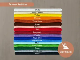 Übersicht der verfügbaren Handtuchfarben: White, Ivory Cream, Yellow, Orange, Terra Spice, Brown, Salmon, Red, Burgundy, Purple, Royal Blue, Aqua Azure, Mint, Lime Green, Green, Light Grey, Black.