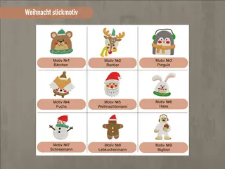 Übersicht der verfügbaren Weihnachts-Stickmotive: Bärchen, Rentier, Pinguin, Fuchs, Weihnachtsmann, Hase, Schneemann, Lebkuchenmann, Bigfoot. Perfekt für festliche Personalisierungen.