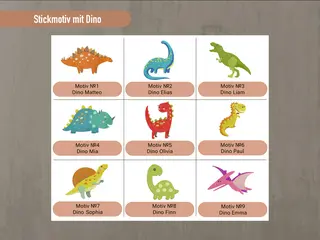 Stickmotive mit Dinosauriern von HeldenFaden, darunter Dino Matteo, Dino Elias, Dino Liam, Dino Mia, Dino Olivia, Dino Paul, Dino Sophia, Dino Finn und Dino Emma.