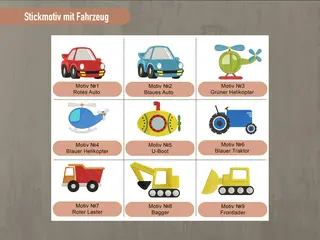 Stickmotive mit Fahrzeugen von HeldenFaden, darunter rotes Auto, blauer Traktor, gelber Bagger und U-Boot. Perfekt für Kinderhandtücher.