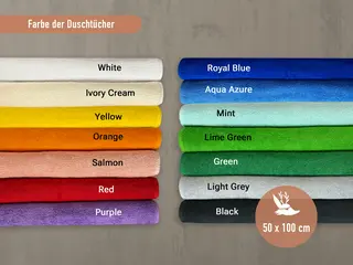 Farbauswahl für personalisierte Duschtücher von HeldenFaden in den Farben Weiß, Creme, Gelb, Orange, Lachs, Rot, Lila, Royalblau, Aqua, Mint, Limettengrün, Grün, Hellgrau und Schwarz.